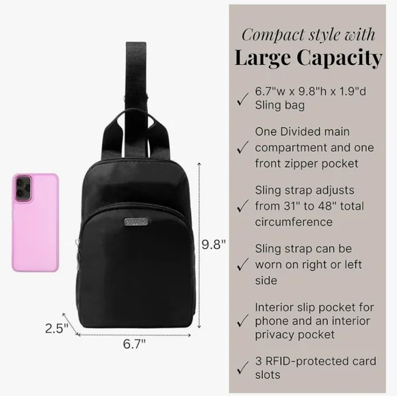 Baggalini Black Sling Backpack Bag Multi Wear RFID Card Slots Adjustable NEW - Picture 5 of 16